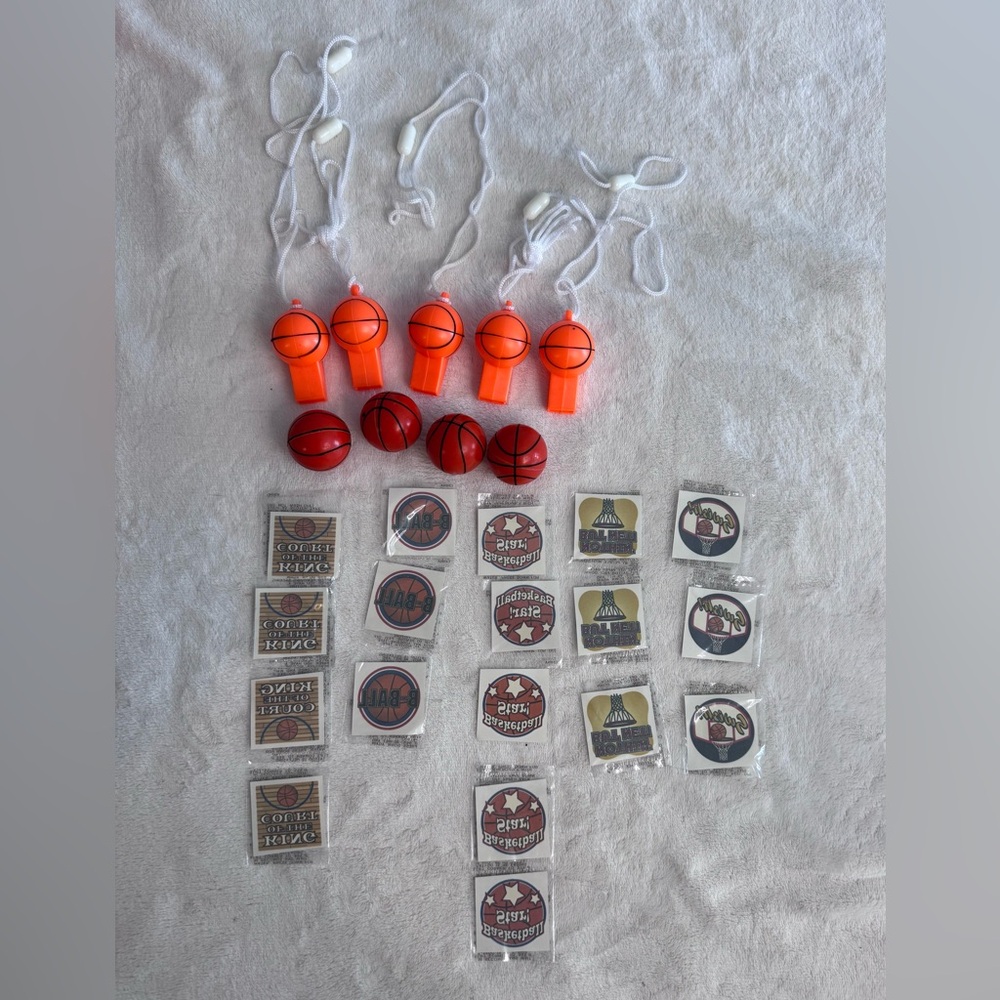 27 piece set of basketball party favors whistles bouncy balls temporary tattoos